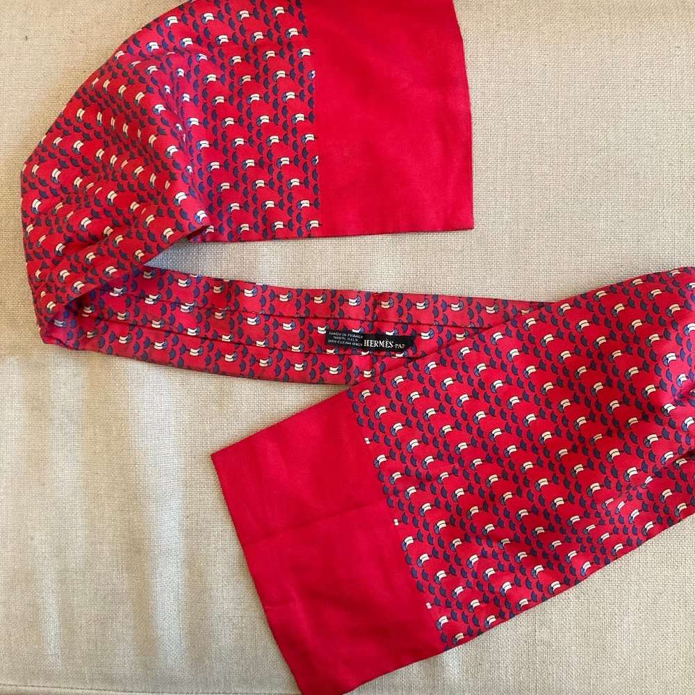 Hermes 90’s Vintage Tie Ascot - Cherry Red w Blue White Ships Boats & Waves
